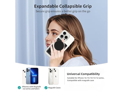 Soporte magnético para billetera con agarre para teléfono, expandible y plegable, color blanco