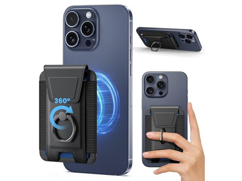 Cartera magnética con anillo ajustable de 360 grados y solapa de bloqueo RFID
