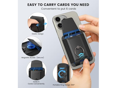 Cartera magnética con anillo ajustable de 360 grados y solapa de bloqueo RFID