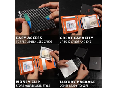 Cartera delgada para hombre con 12 ranuras para tarjetas, ventana de identificación y clip para billetes